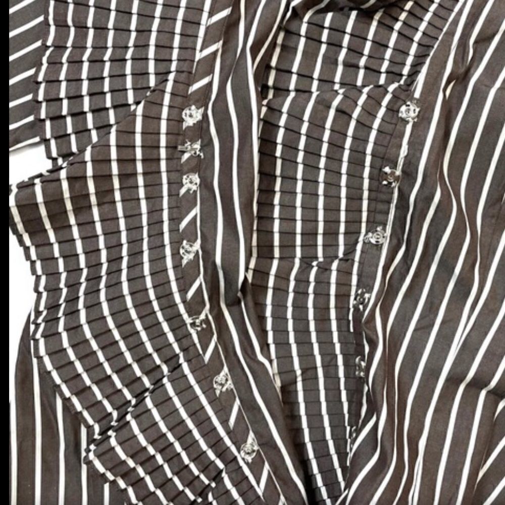 Ralph Lauren Polished Cotton Poplin Brown & White Accordion Pleat Ruffle Blouse - Picture 10 of 10